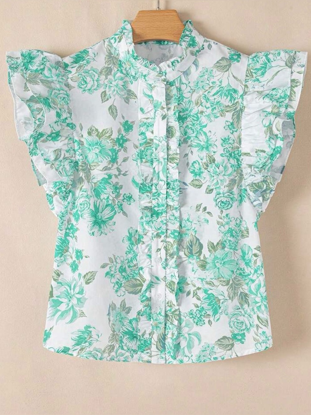 Floral Ruffle Sleeve Button-Up Blouse in Mint Green